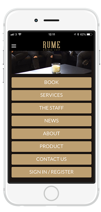 Our brand new app for Rume Barbers. Available to download for both iPhone and Android.